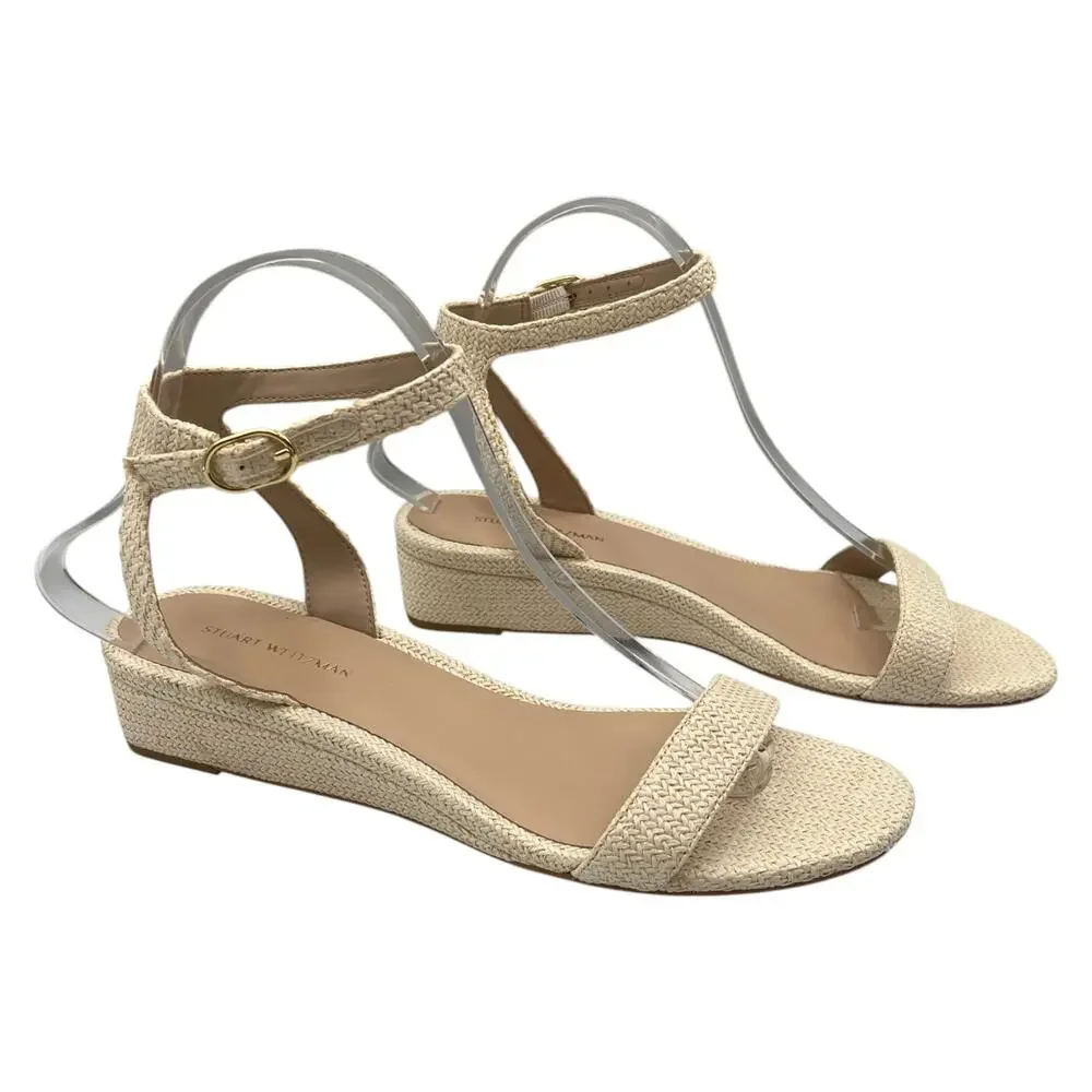 Stuart Weitzman Woven Raffia Ankle Strap Low Wedge Sandals Beige Size 8 - Picture 3 of 7